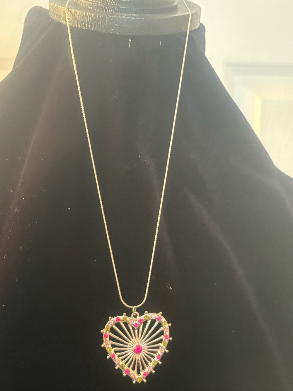 Silver tone Heart Pendant Necklace with Pink and Green Accents